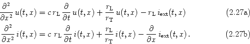 \begin{subequations}\begin{align}\frac{\partial^2}{\partial x^2} \, u(t,x) &= c ...
...c{\partial}{\partial x} \, i_{\text{ext}}(t,x) \,. \end{align}\end{subequations}