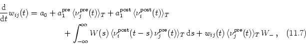 \begin{multline}
\frac{{\text{d}}}{{\text{d}}t} w_{ij}(t) = a_0
+
a_1^{\text...
... w_{ij}(t) \, \langle \nu_j^{\text{pre}}(t)\rangle_T\,
W_-
\,,
\end{multline}