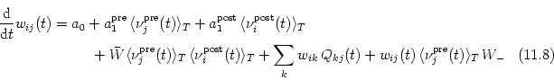 \begin{multline}
\frac{{\text{d}}}{{\text{d}}t} w_{ij}(t) = a_0
+
a_1^{\text...
...(t)
+ w_{ij}(t) \, \langle \nu_j^{\text{pre}}(t)\rangle_T \, W_-
\end{multline}