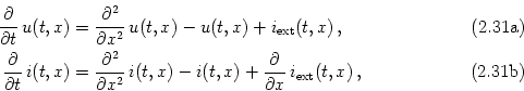 \begin{subequations}\begin{align}\frac{\partial}{\partial t} \, u(t,x) &= \frac{...
...ac{\partial}{\partial x} \, i_{\text{ext}}(t,x) \,,\end{align}\end{subequations}