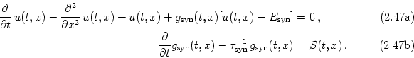 \begin{subequations}\begin{align}\frac{\partial}{\partial t} \, u(t,x) - \frac{\...
...xt{syn}}^{-1} \, g_{\text{syn}}(t,x) &= S(t,x) \,. \end{align}\end{subequations}